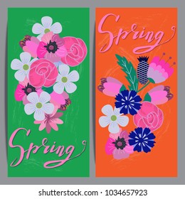 Spring postcard with painted flowers, spring lettering. Hand drawing illustration, template for design