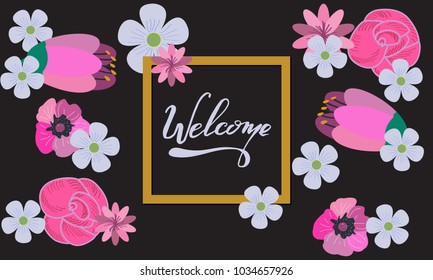 Spring postcard with painted flowers, spring lettering. Hand drawing illustration, template for design