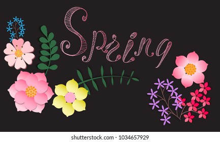 Spring postcard with painted flowers, spring lettering. Hand drawing illustration, template for design