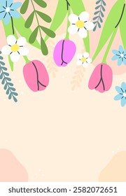 Spring postcard poster with flowers and leaves with space for your text. Vector flat illustration template.