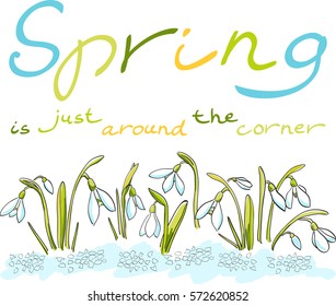 Spring postcard with snowdrops and hand-drawn letters 