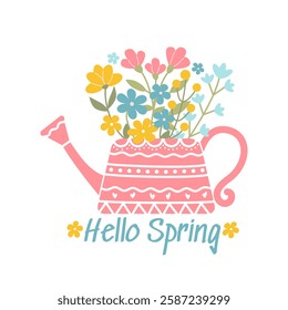 Spring postcard with watering can and beautiful spring flowers. Hello Spring. Hand drawn colored doodles. Perfect for greeting card, leaflets, banners, invitation, poster, cover, social media, banners