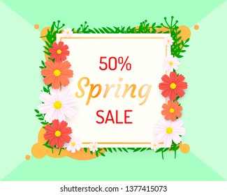 Spring poster 50 Percent off sale. Vector illustration