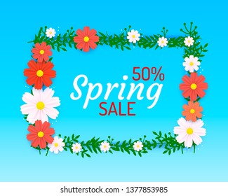 Spring poster 50 Percent off sale. Vector illustration