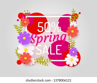 Spring poster 50 Percent off sale. Vector illustration