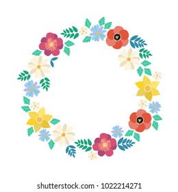 Spring poster background with cute colorful flowers wreath in flat style - tulip, narcissus, chamomile, crocus. Vector illustration for 8 March Woman's Day, Mother's Day, greeting cards, invitations