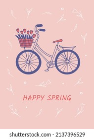 Frühlingsposter oder Kartendesign mit Blumen und Fahrrad. Vektorgrafik.