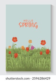 Spring poster cards.Hand-drawn flyers for decoration spring events, Mother's Day, Easter. Beautiful spring banner with Field daisies flowers and grass. in watercolor Concept of trendy spring cover.