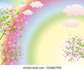 Spring poster with colorful rainbow, blossoming cherry-tree or apple tree and clouds. Concept for flyers, social media greetings, web banners