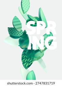 Spring poster design with 3D tropical glass leaves. Realistic vector foliage.