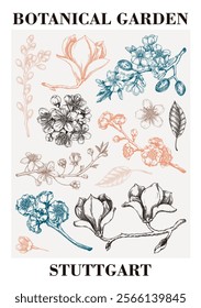 Spring poster design. Blooming branches sketches. Hand-drawn botanical illustration. Floral print design. NOT AI genereted