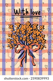 Spring poster in doodle style with lettering. Greeting card with a bouquet of flowers tied with a bow. Vector template for banner, post, advertisement
