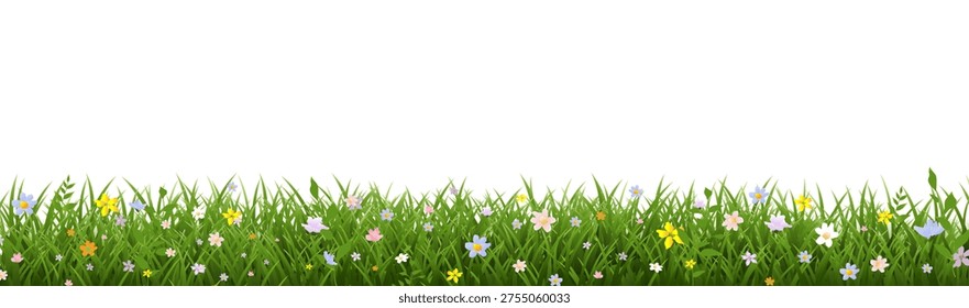 Spring Poster With Spring Flowers And Grass , Vector Illustration