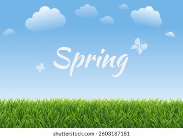 Spring Poster With Green Grass And Clouds With Gradient Mesh, Vector Illustration