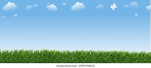 Spring Poster With Green Grass And Sky , Vector Illustration