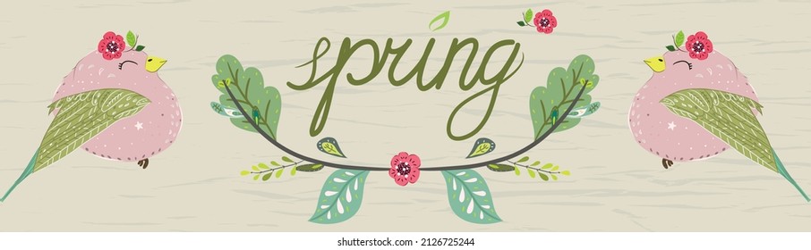 Spring poster with lettering in a colorful palette. Vector childish illustration in hand-drawn Scandinavian style.