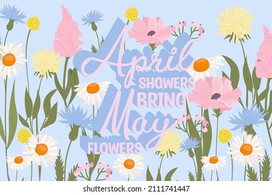 Spring poster with meadow and wildflowers and a positive quote "April shower bring May flowers". A greeting card or invitation. Editable vector illustration.