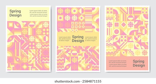 spring poster. Modern grid flyer with geometric shapes, geometry graphics and abstract background vector set. Geometry grid pattern banner vivid presentation illustration
