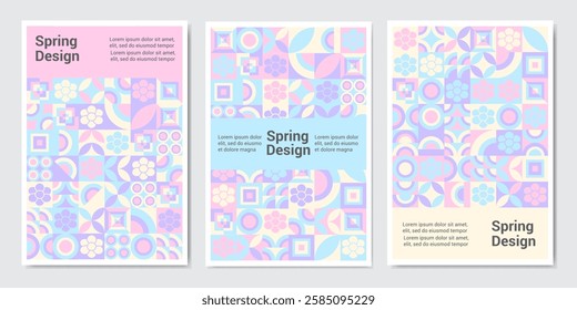 spring poster. Modern grid flyer with geometric shapes, geometry graphics and abstract background vector set. Geometry grid pattern banner vivid presentation illustration