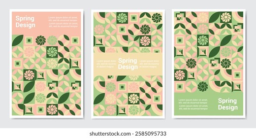 spring poster. Modern grid flyer with geometric shapes, geometry graphics and abstract background vector set. Geometry grid pattern banner vivid presentation illustration