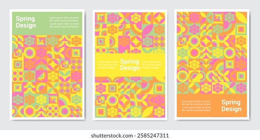 spring poster. Modern grid flyer with geometric shapes, geometry graphics and abstract background vector set. Geometry grid pattern banner vivid presentation illustration