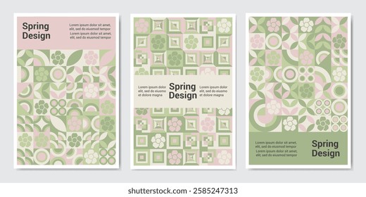 spring poster. Modern grid flyer with geometric shapes, geometry graphics and abstract background vector set. Geometry grid pattern banner vivid presentation illustration