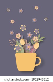 Spring poster with paper flowers. Mother's Day and Women's Day Concept. Flowers and leaves in a coffee cup. Design for brochures, greeting cards, tickets, advertisements, banners. Vector illustration.