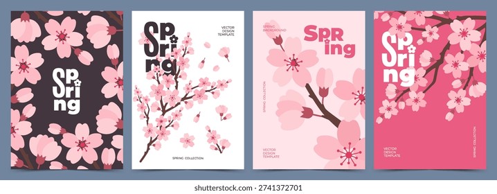 Spring poster with Sakura cherry blossom branches. Floral art template for Japanese themed, Hanami, banner, greeting card, cover, seasonal decor, advertising, social media.