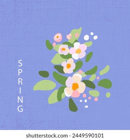 Frühlingsposter quadratisch Traditionelle Blumen Apfelbaum Zweig blau Hintergrund Vorlage Banner Feiertagsgrüße Textur Hand gezeichnet rosa Blütenblätter grün Blätter Vektorillustration