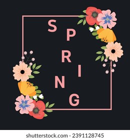 Spring Poster template  with bright beautiful flowers and modern typography. Spring background, cover, sale banner, flyer design. Template for advertising, web, social media.