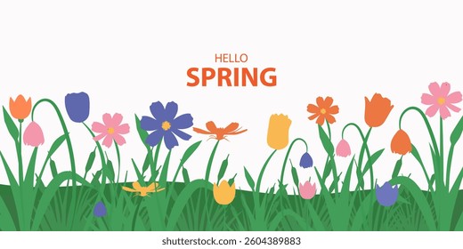 Spring poster with Tropical flowers for Summer holiday background concept design, abstract illustration with trees and grass, colorful design, summer background and banner or web card with copy space