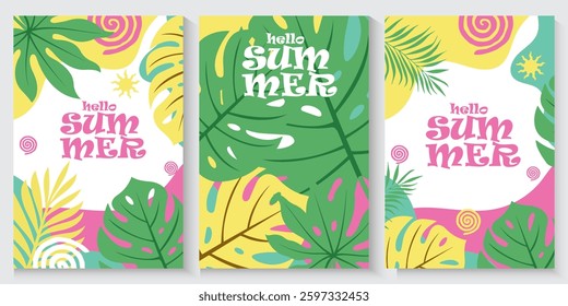 Spring poster with Tropical leaves for Summer holiday background concept design, abstract illustration with exotic leaves, colorful design, summer background and banner or web card with copy space