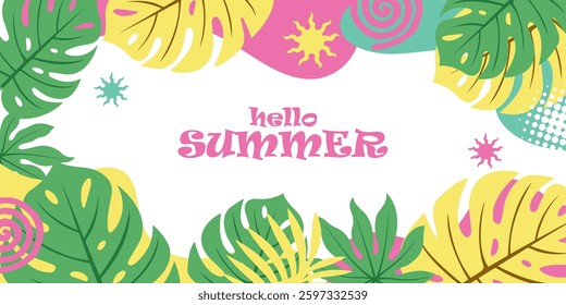 Spring poster with Tropical leaves for Summer holiday background concept design, abstract illustration with exotic leaves, colorful design, summer background and banner or web card with copy space