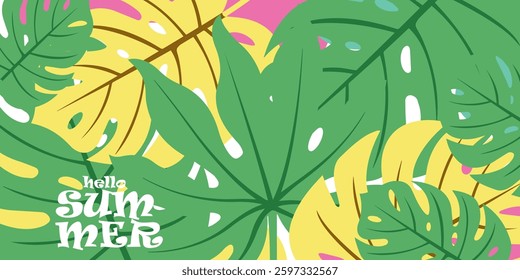 Spring poster with Tropical leaves for Summer holiday background concept design, abstract illustration with exotic leaves, colorful design, summer background and banner or web card with copy space