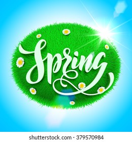 Spring poster. Vector illustration with title. Green grass globe, flowers, sun beams and chamomile flowers on bright blue sky background