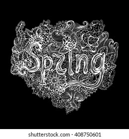 Spring poster in zentangle style ornaments. Vector isolated illustration with word Spring. Ready for using in print design