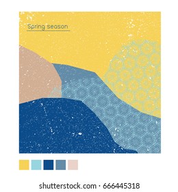 Spring poster,background,banner greeting card, template cover in Japanese pattern style. Blue collage grunge style.