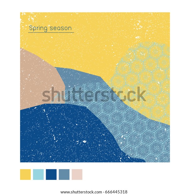 春のポスター 背景 バナーのグリーティングカード テンプレートカバー 日本文様 青のコラージュグランジスタイル のベクター画像素材 ロイヤリティフリー