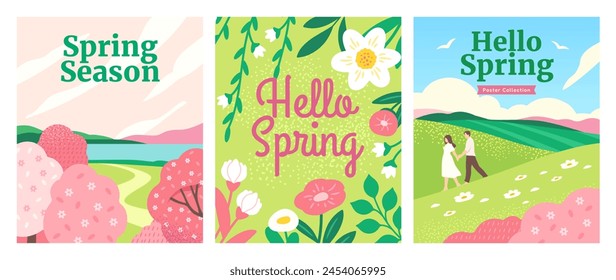 Spring posters set. Beautiful illustrations with warm landscape, blooming flowers and trees and couple on romantic walk. Hello Spring. Cartoon flat vector collection isolated on white background
