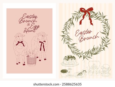 Spring posters set. Easter invitation card template. Countryside line art illustration.
Editable vector illustration.