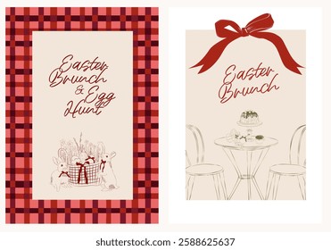 Spring posters set. Easter invitation card template. Countryside line art illustration.
Editable vector illustration.