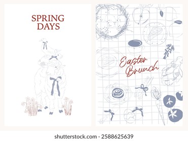 Spring posters set. Easter invitation card template. Countryside line art illustration.
Editable vector illustration.