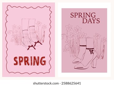 Spring posters set. Easter invitation card template. Countryside line art illustration.
Editable vector illustration.