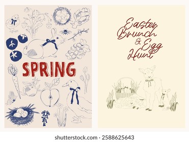 Spring posters set. Easter invitation card template. Countryside line art illustration.
Editable vector illustration.