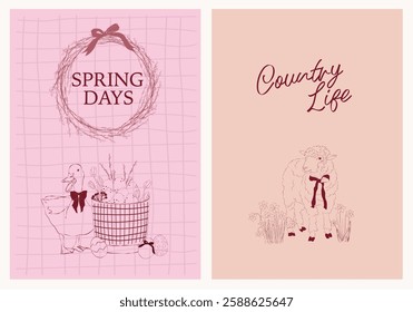 Spring posters set. Easter invitation card template. Countryside line art illustration.
Editable vector illustration.