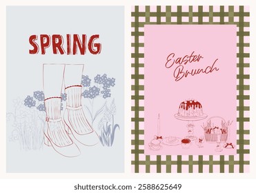 Spring posters set. Easter invitation card template. Countryside line art illustration.
Editable vector illustration.