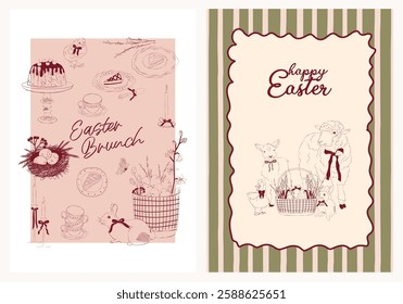 Spring posters set. Easter invitation card template. Countryside line art illustration.
Editable vector illustration.