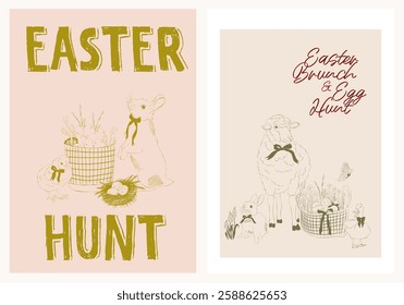 Spring posters set. Easter invitation card template. Countryside line art illustration.
Editable vector illustration.