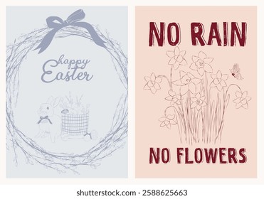 Spring posters set. Easter invitation card template. Countryside line art illustration.
Editable vector illustration.