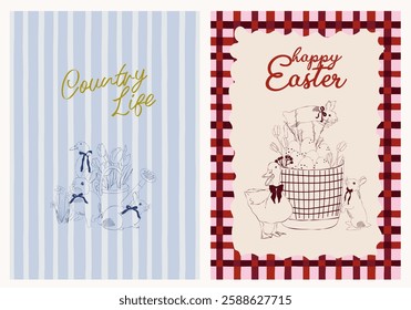 Spring posters set. Easter invitation card template. Countryside line art illustration.
Editable vector illustration.